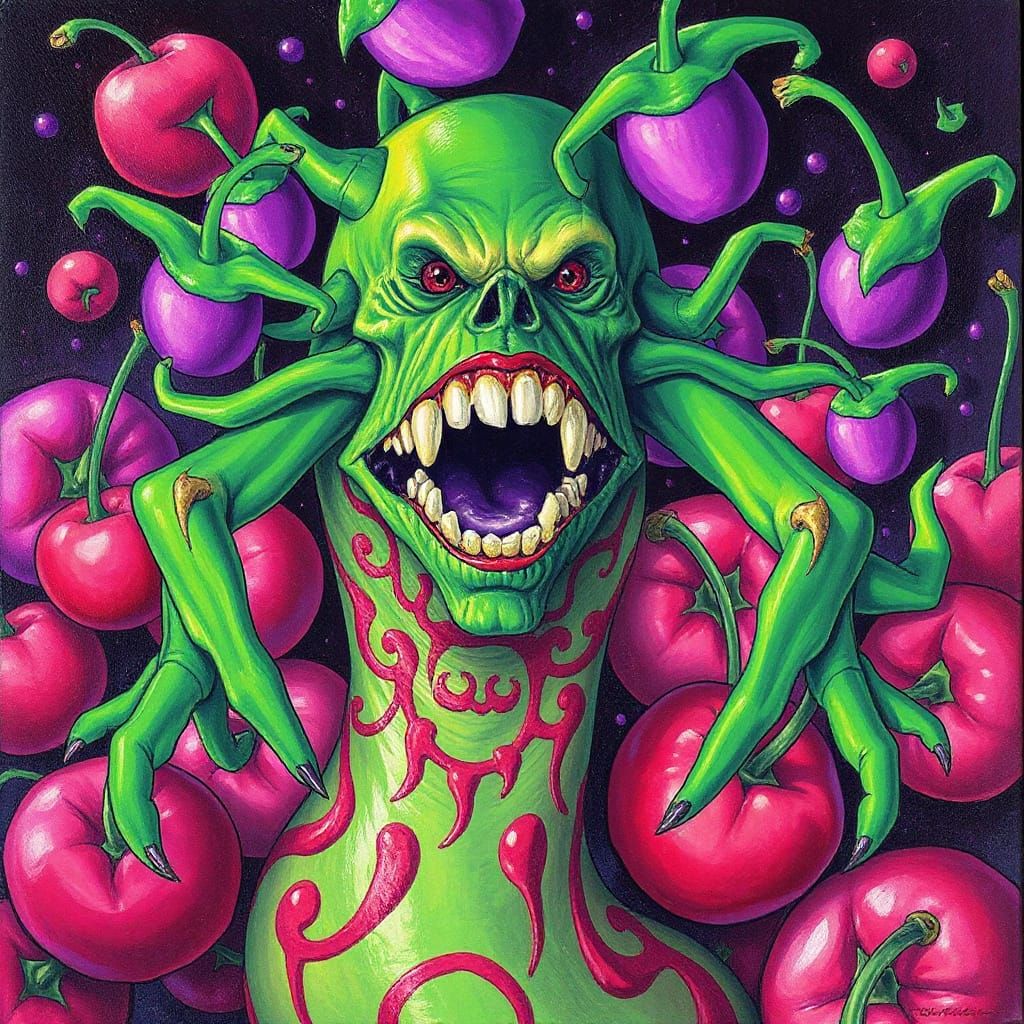 Surreal Green Cybernetic Monster with Cherry