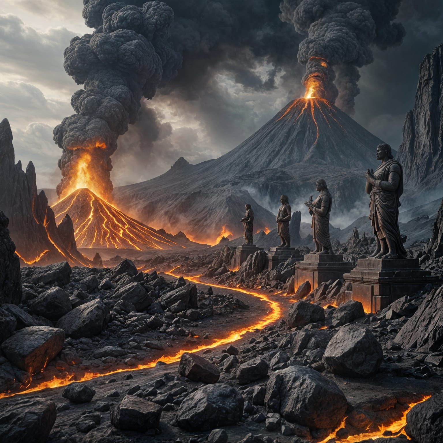 Epic Volcano Landscape with Ancient Ruins