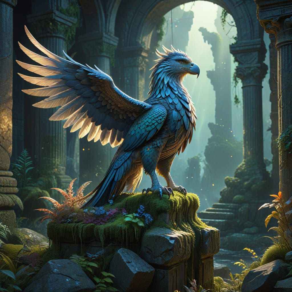 Majestic Griffin on Ancient Ruins with Bioluminescent Flora
