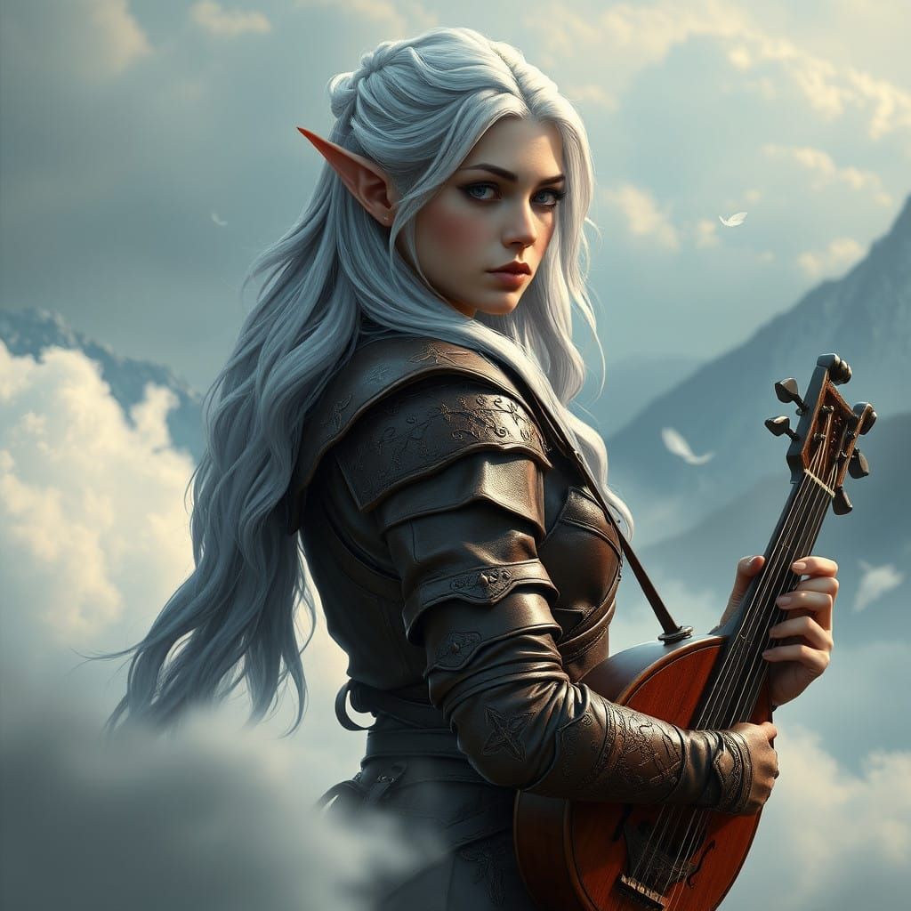 Elegant Silver-Haired Elf Bard in Leather Armor