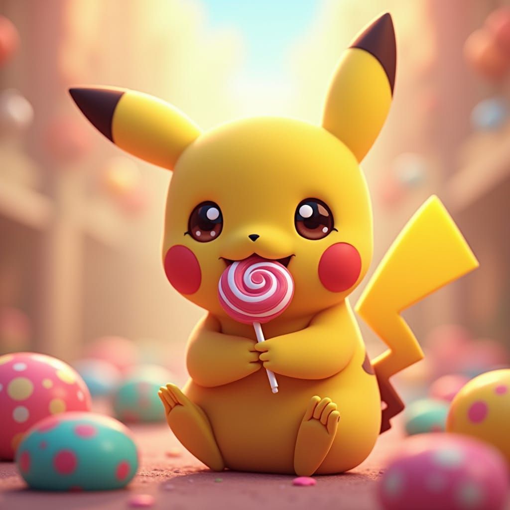 Cute Pikachu Savoring Colorful Lollipop in Whimsical Anime A...