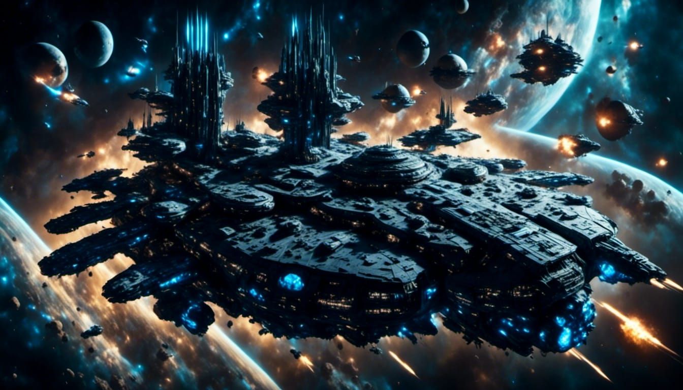 Futuristic Battleship Over Planetary City