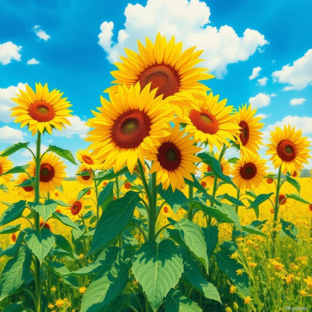Vibrant Sunflowers in a Golden Field, Thick Impasto Style