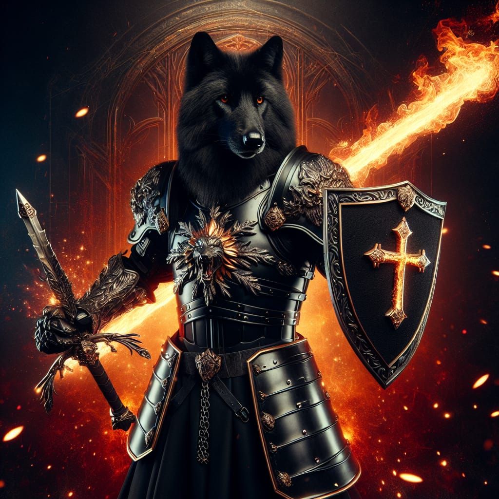 Majestic Black Wolf in Dramatic Armor, Shield, and Flaming S...