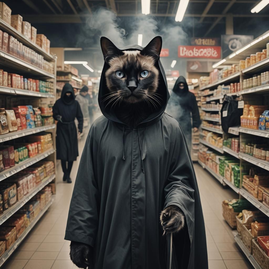 Siamese Cat Grim Reaper in Supermarket