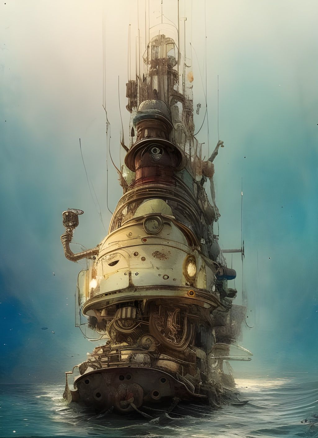 Steampunk Yacht on Endless Ocean in Crayon Style
