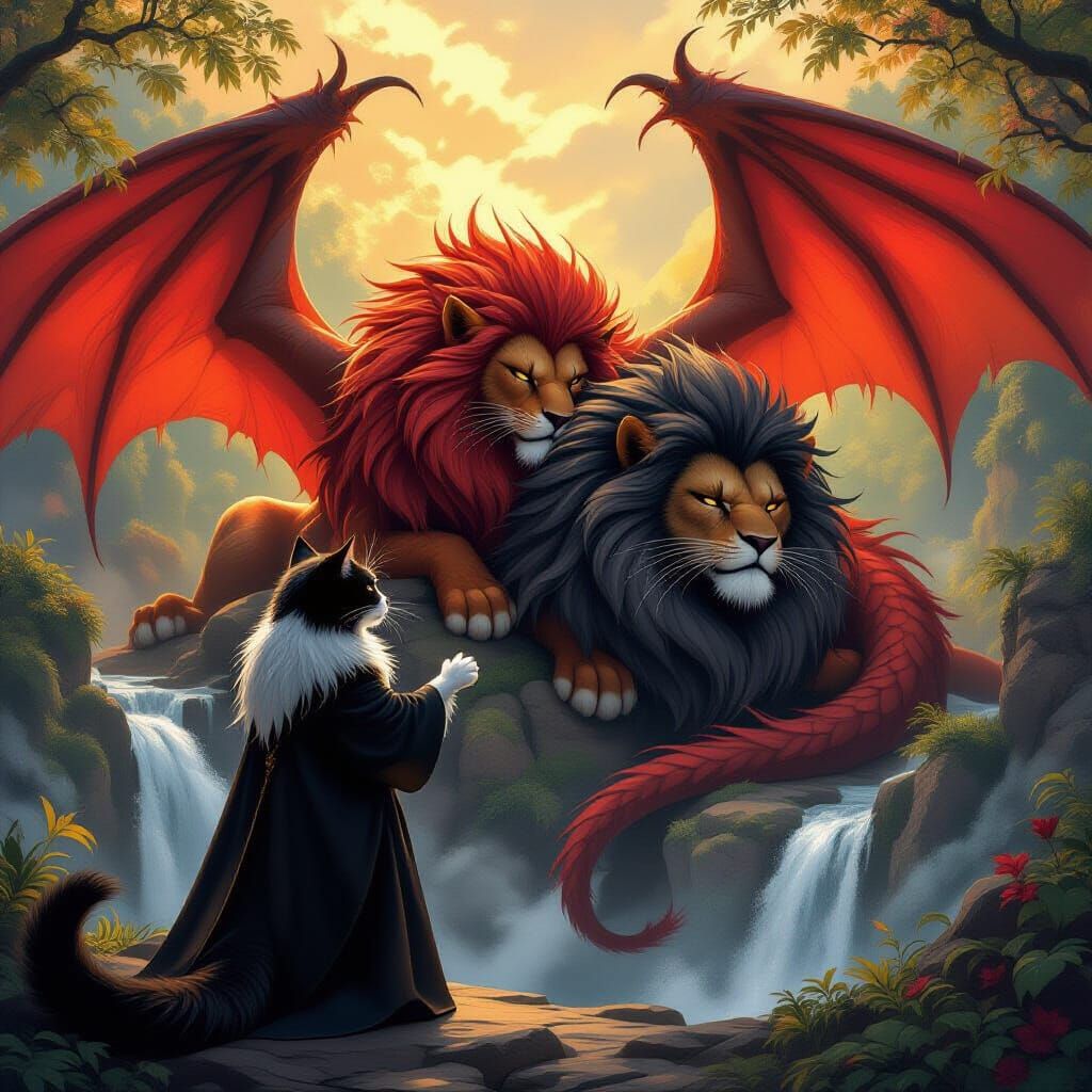 Majestic Cat-Lion Wizard in Fantasy Landscape