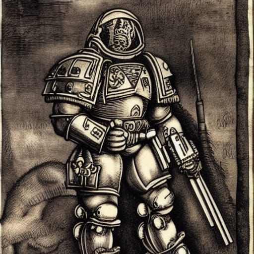 Space Marine in Renaissance Engraving Style