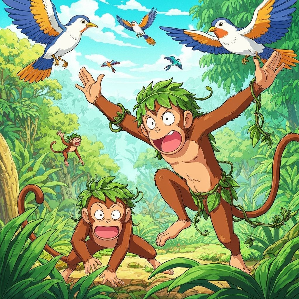Lively Anime Jungle Scene with Monkeys and Birds