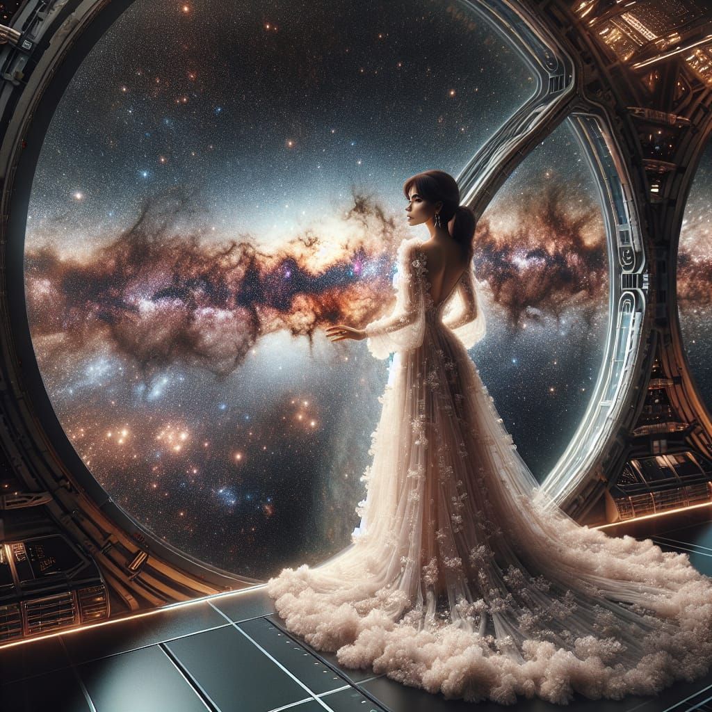 Hispanic Woman Gazing at Galaxy from Space Station