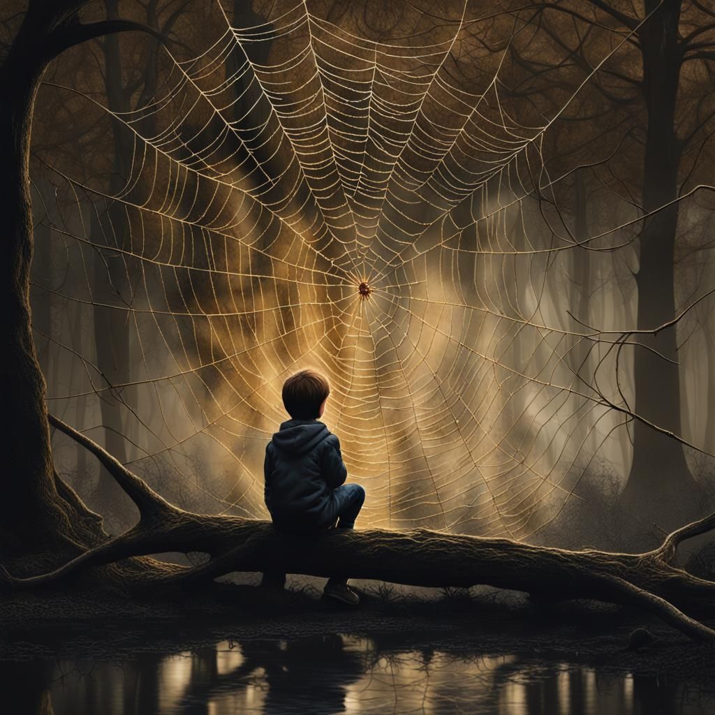 Boy with Golden Spider in Shadowy Forest