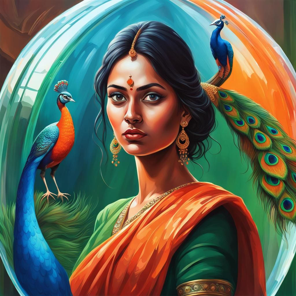 Indian Woman in Igloo with Peacock: Hyperrealistic Art