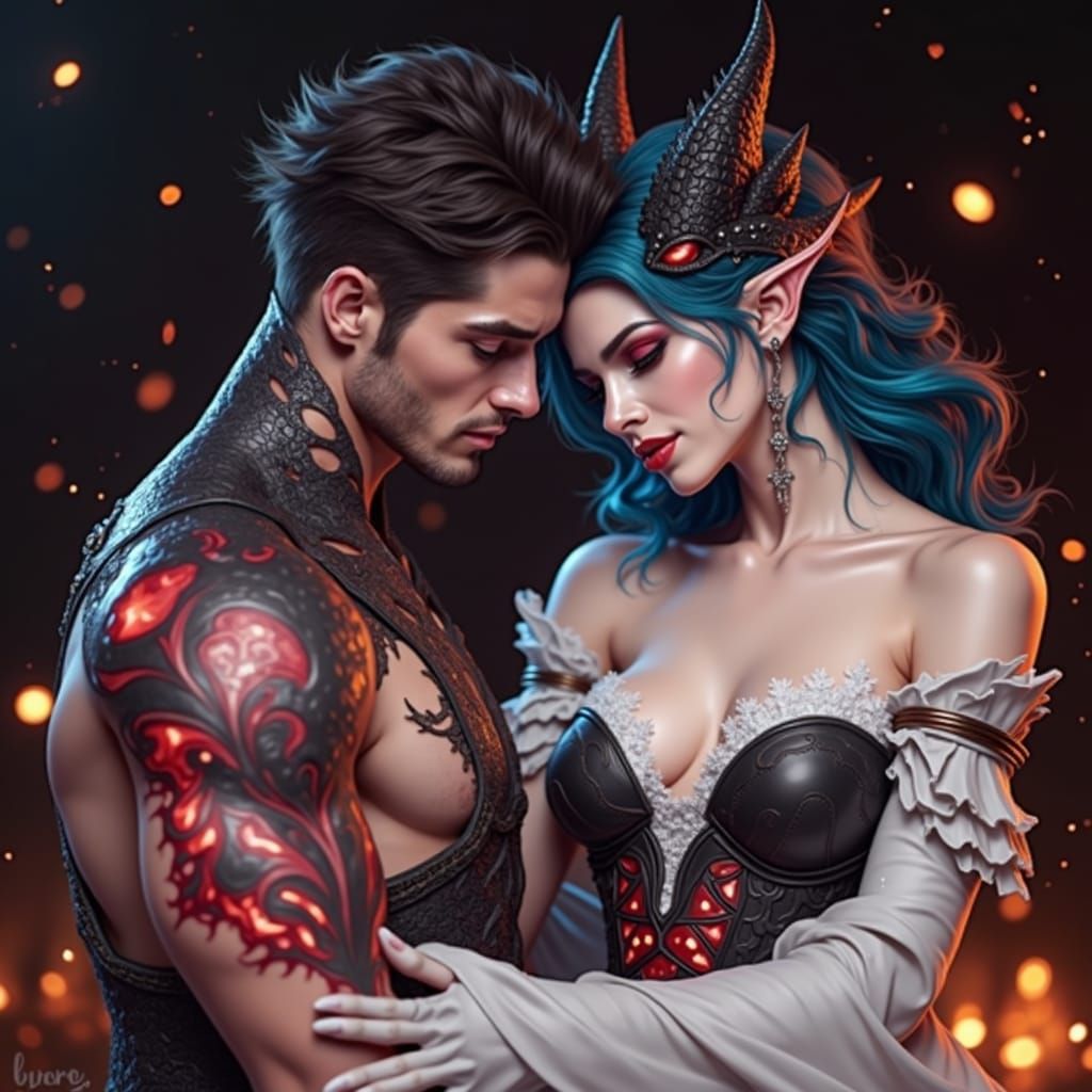 Mythical Creatures in a Romantic Fiery Scene
