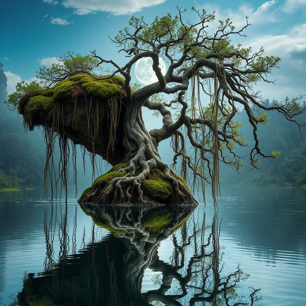 Ancient Bonsai Tree on Mossy Rock with Moonlight Reflections