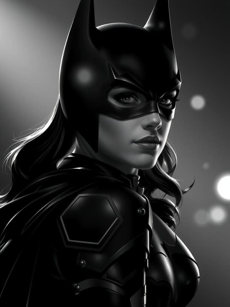 Monochrome Batgirl Portrait with Dramatic Lighting