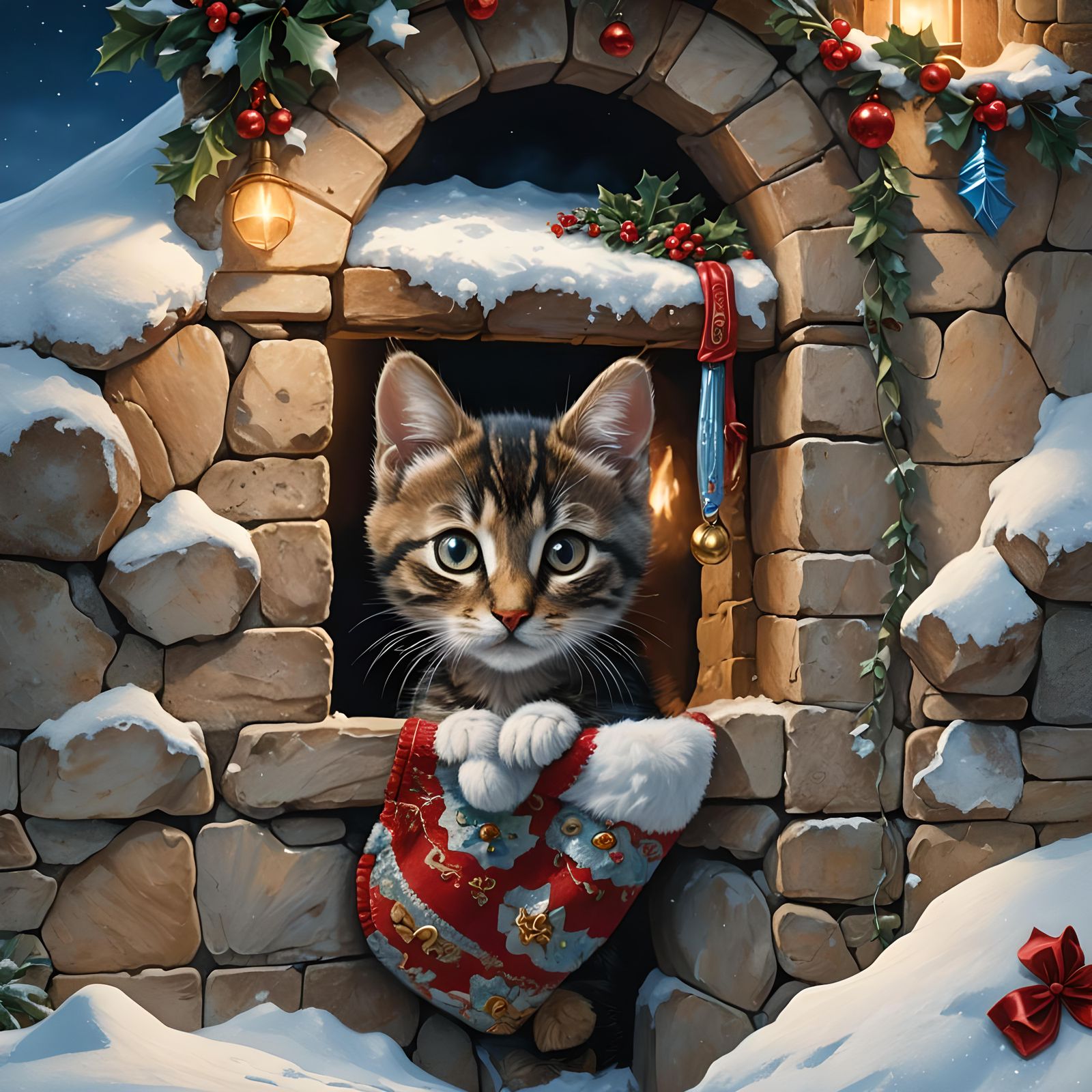 Christmas Kitten in Stocking: Detailed Matte Painting