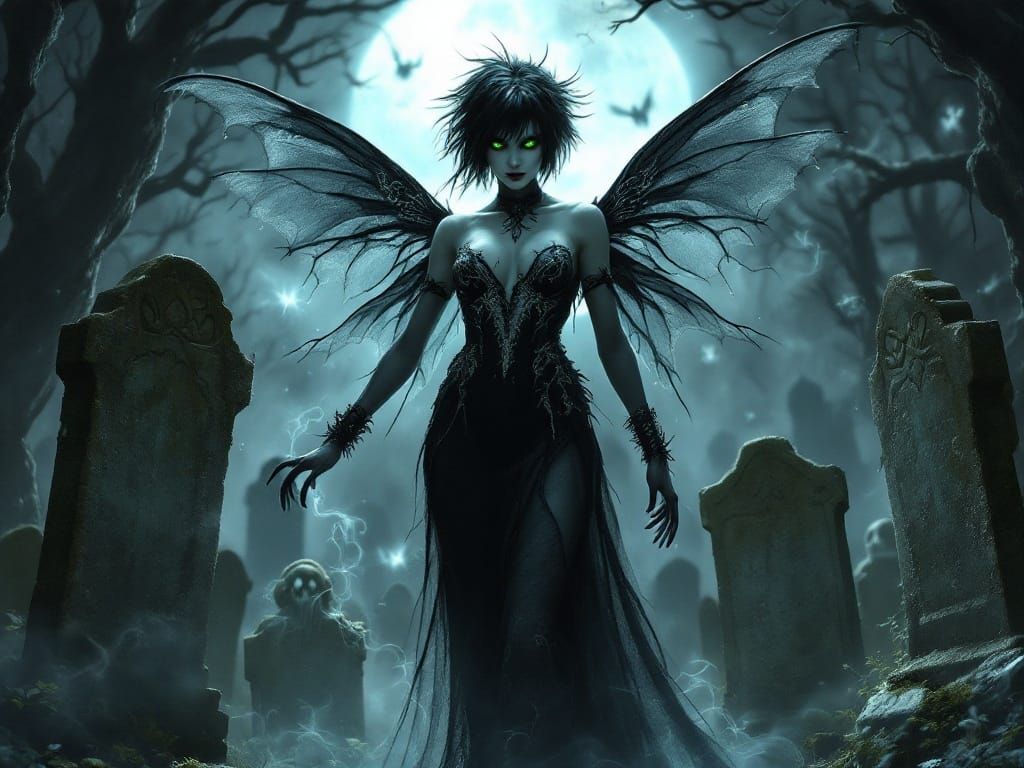 Ethereal Gothic Fairy in Moonlit Graveyard