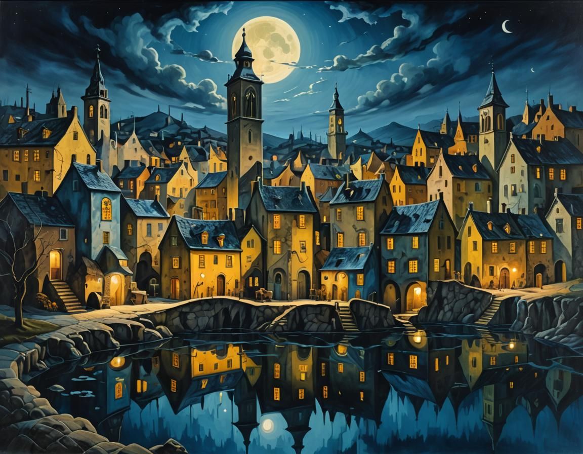 Surrealist Village at Night: Melting Architecture in Dreamsc...