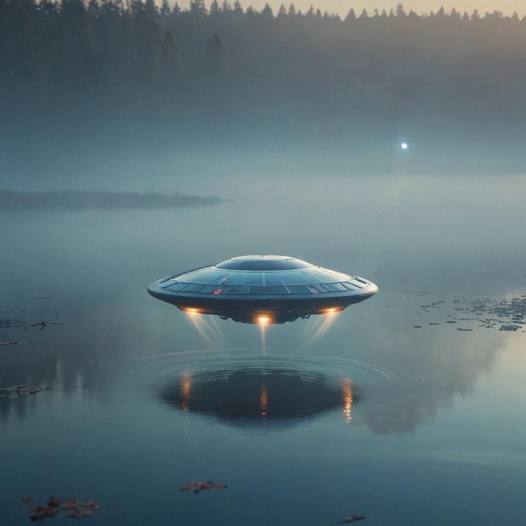 Dreamlike UFO Silhouette Hovers Above Misty Lake in Surreali...