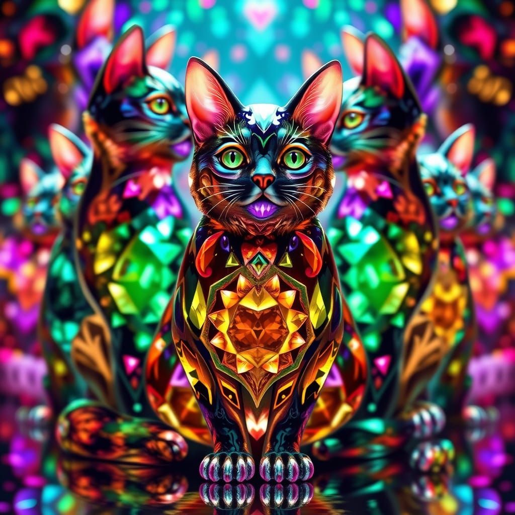 Gemstone Cats Kaleidoscope in Art Deco Style