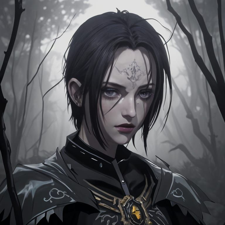 Mystical Sorceress Amidst Ancient Forest in Deep, Rich Hues