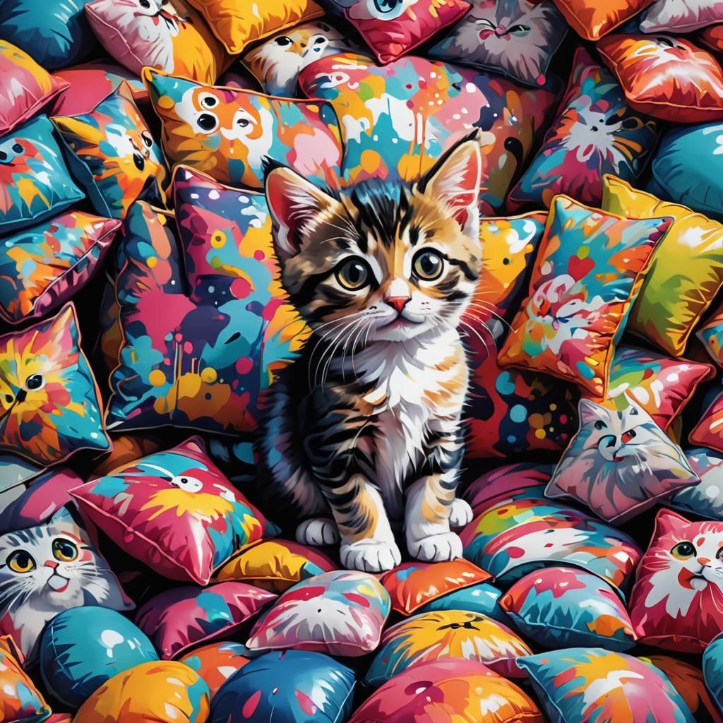 Cute Kitten Portrait in Graffiti Splash Art Style