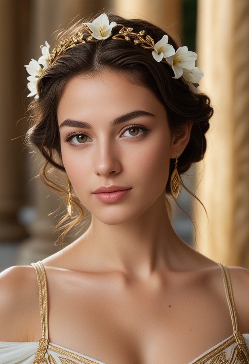 Greek Goddess Portrait in Majestic Olymp Setting