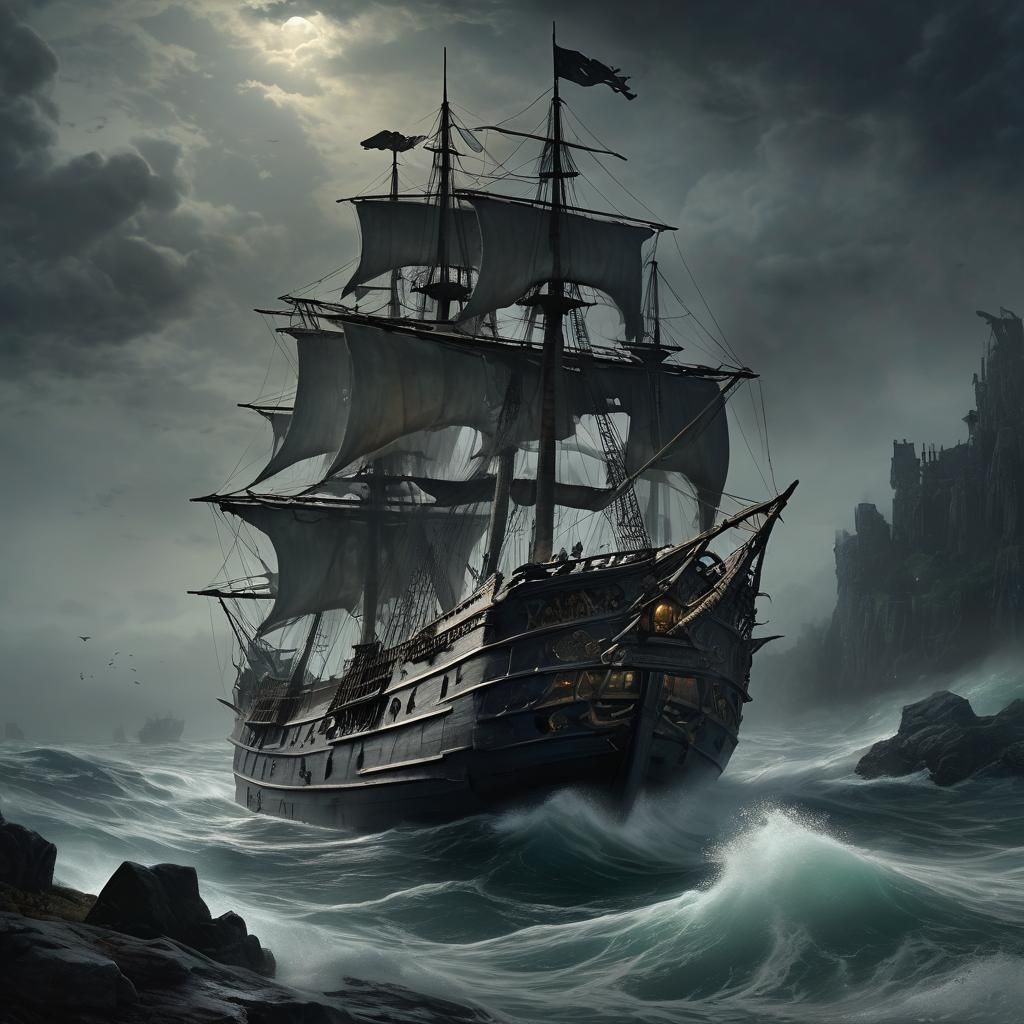 Ghostly Pirate Ship Drifting in Fog, Horror Art