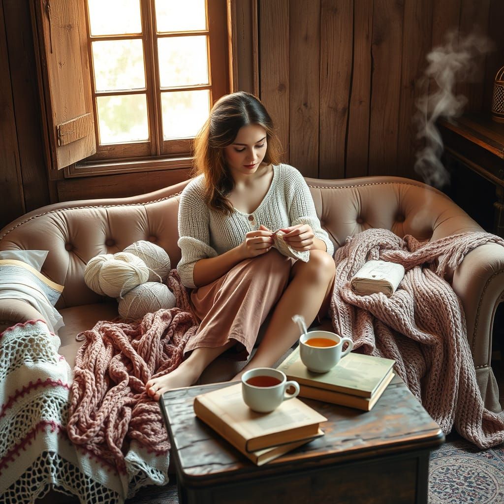 Serenely Crocheting in a Cozy Haven of Pastel Hues