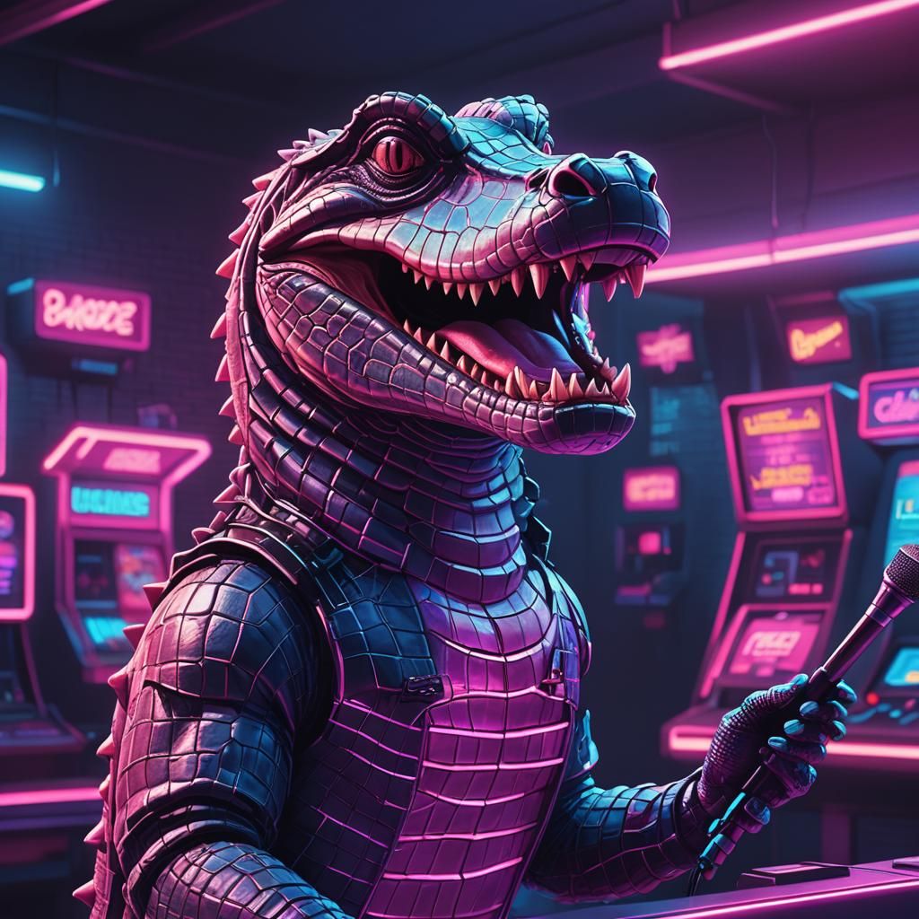 Synthwave Alligator's Spelling Bee Mishap in Neon Arcade