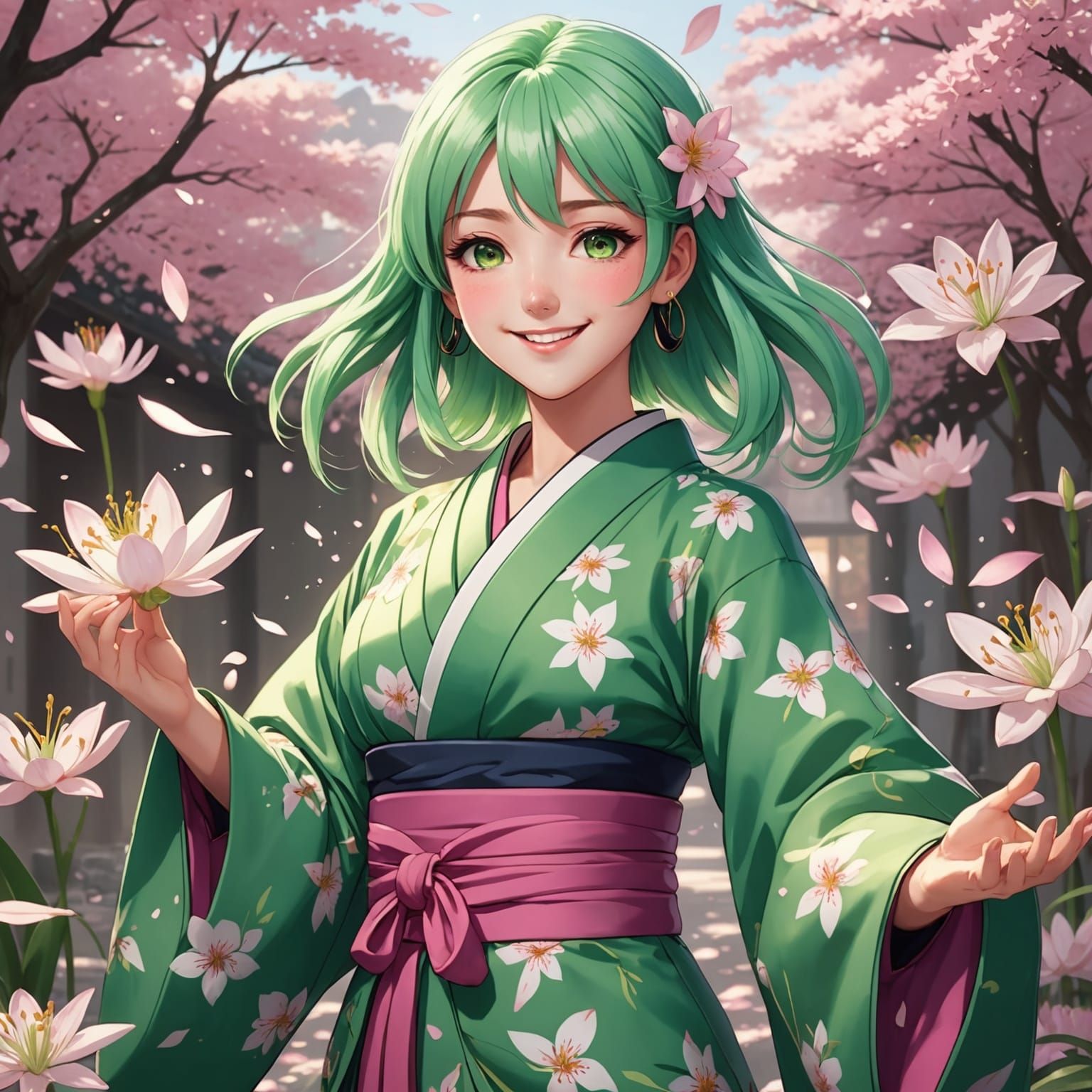 Anime Woman in Kimono with Lily Petals