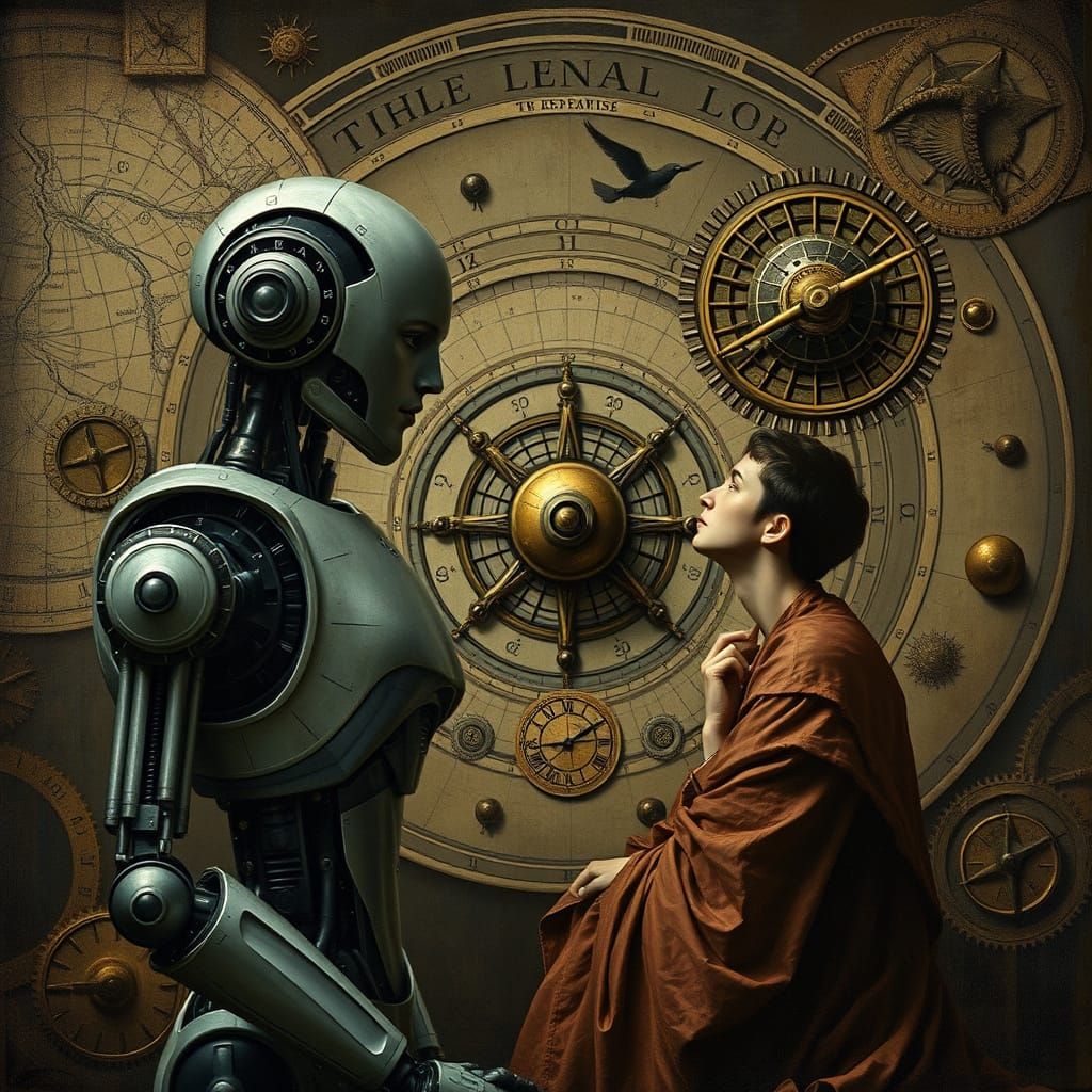 Contemplative Robot and Human in Renaissance Style