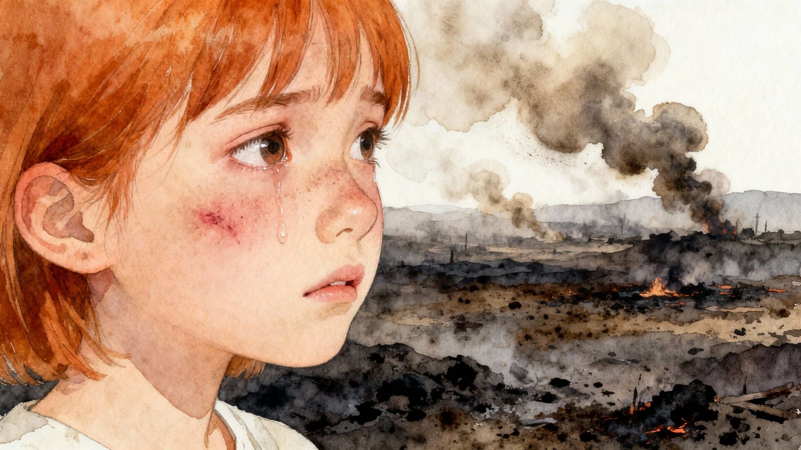 Bruised Girl in Polluted Wasteland Watercolour