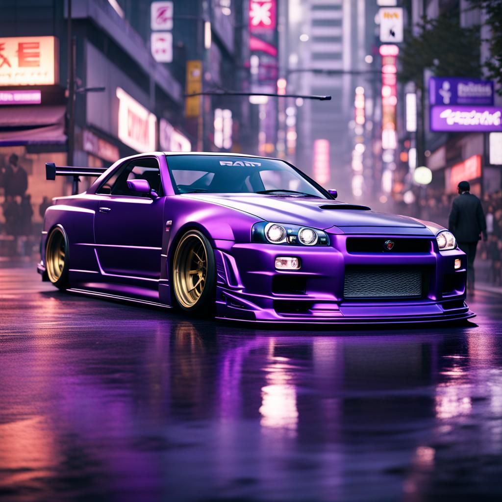Purple Nissan GTR Drifting in Tokyo: Detailed Matte Painting