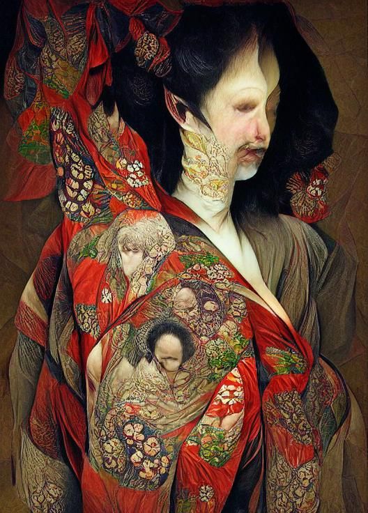 Detailed Kimono Portrait in Art Nouveau Style