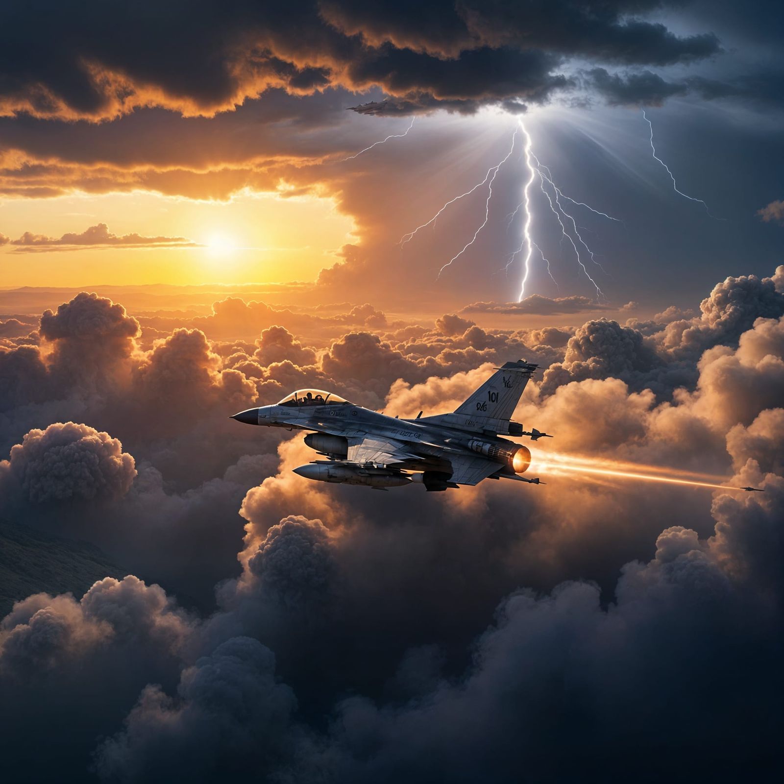 F-16 Soars Above Dark Smoke in Morning Light