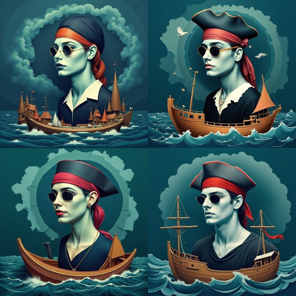 Surreal Oceanic Pirate Portrait in Geometric Style