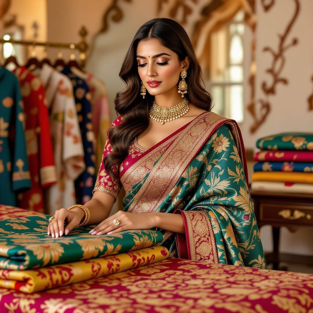 Elegant Woman Selecting Indian Fabrics in Opulent Style
