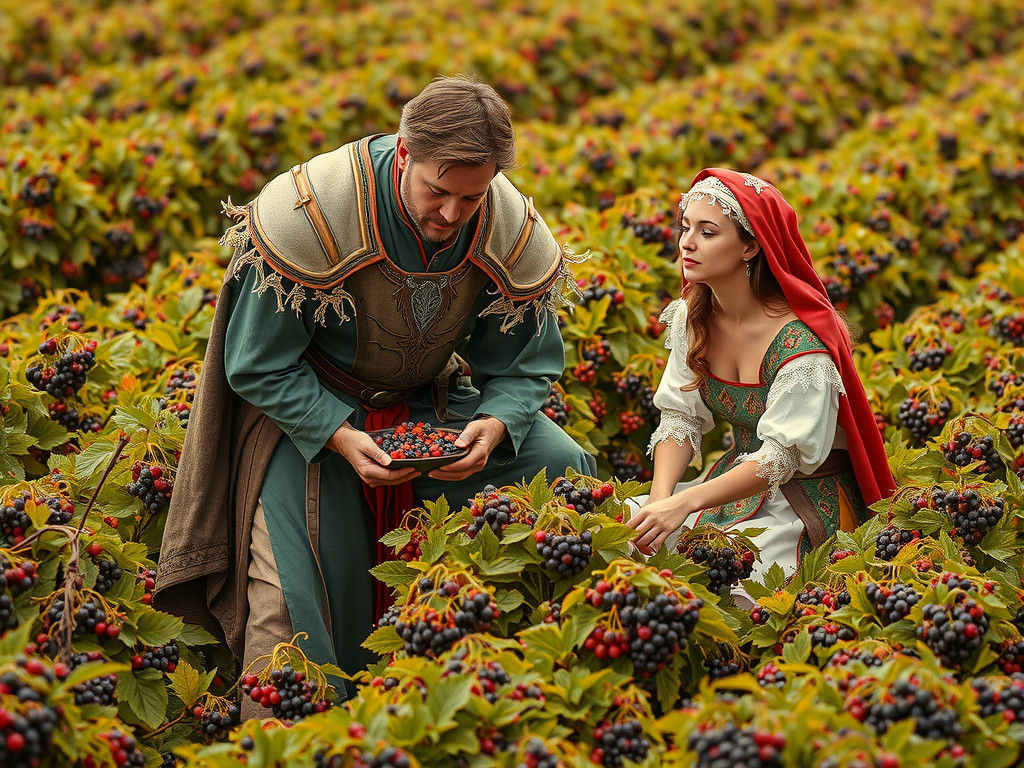 Medieval Berry Harvest: Hyperrealistic Aerial View