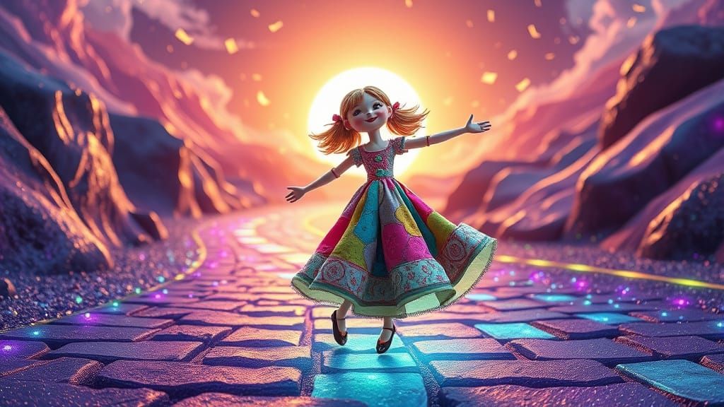 Patchwork Doll Twirling in Surreal Landscape