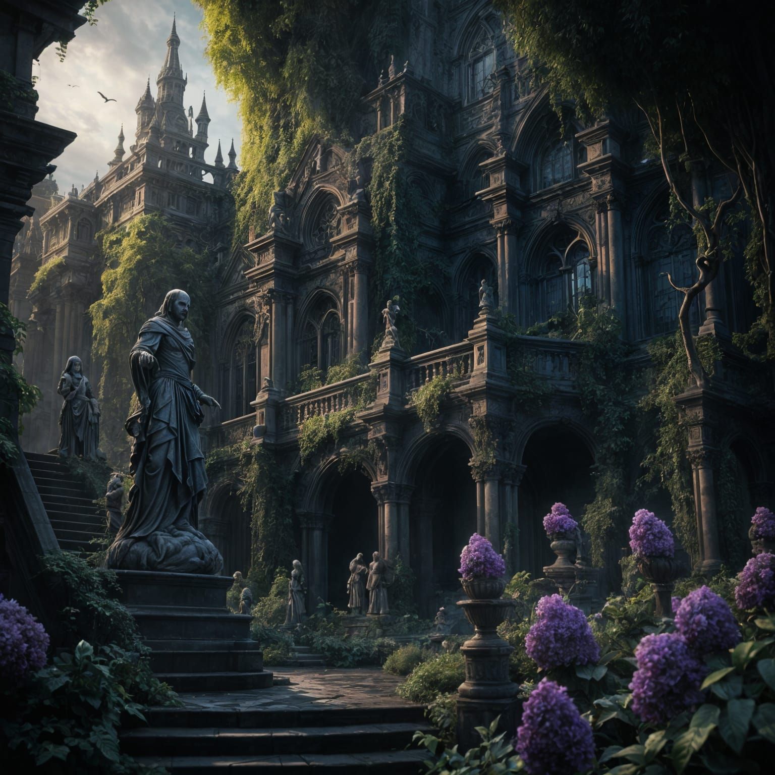 Creepy Gothic Garden with Eerie Glowing Statues