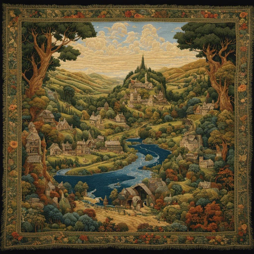 Intricate Tapestry of The Shire with Hobbits