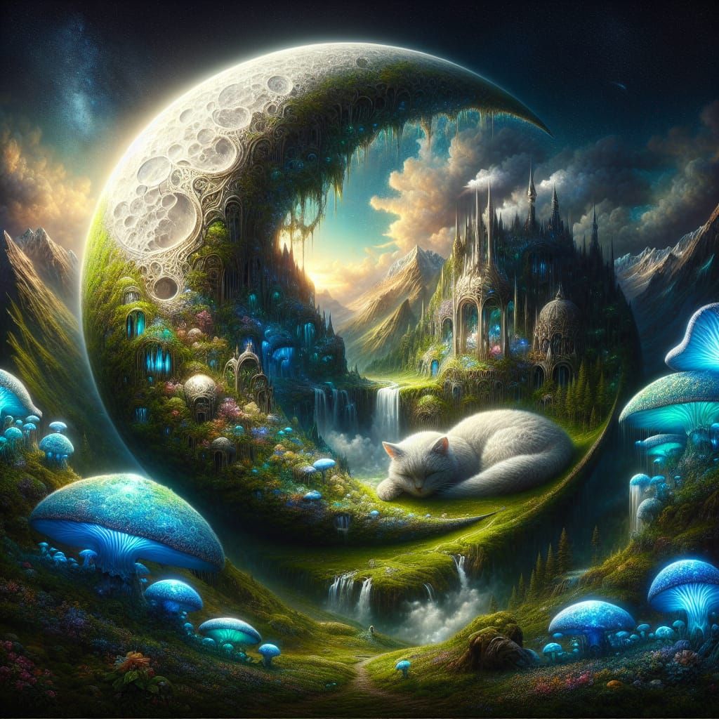 Giant Cat Sleeps in Moonlit Valley: Romantic Oil Painting