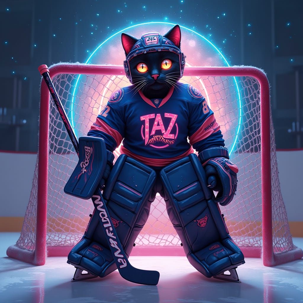 Cosmic Black Cat Goalie in Futuristic Hockey Scene