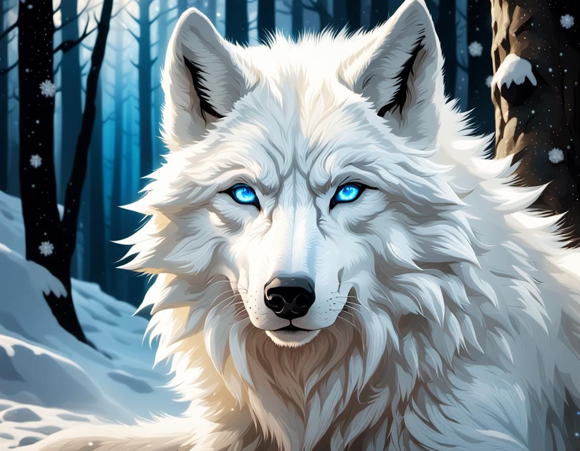 Magical White Wolf Portrait in Fantasy Comic Art Style