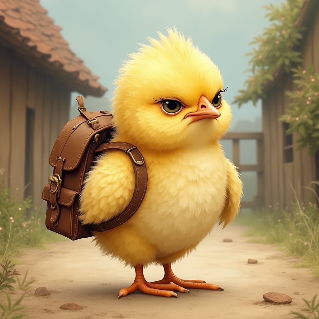 Grumpy Chick Refuses School in Rustic Farmyard