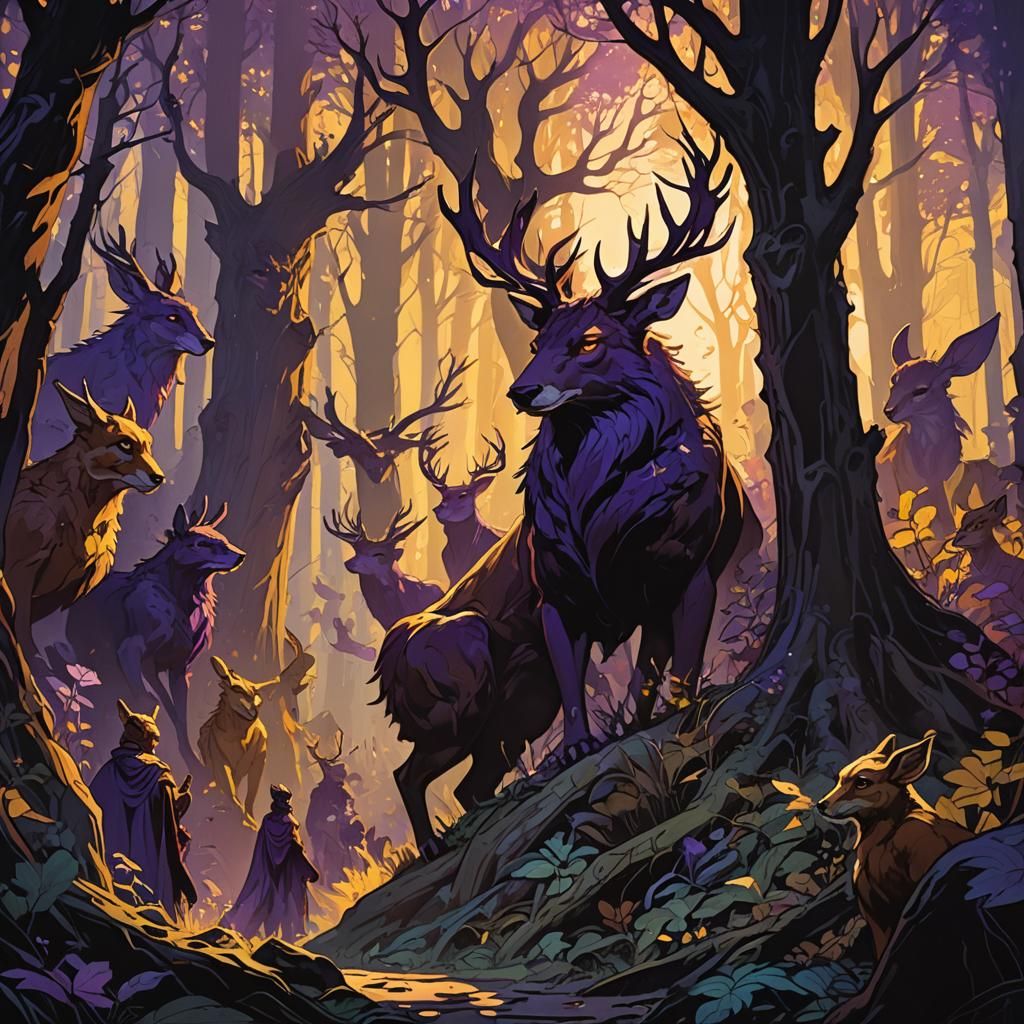 Forest Animals Honor Shadow: Dark Fantasy Concept Art