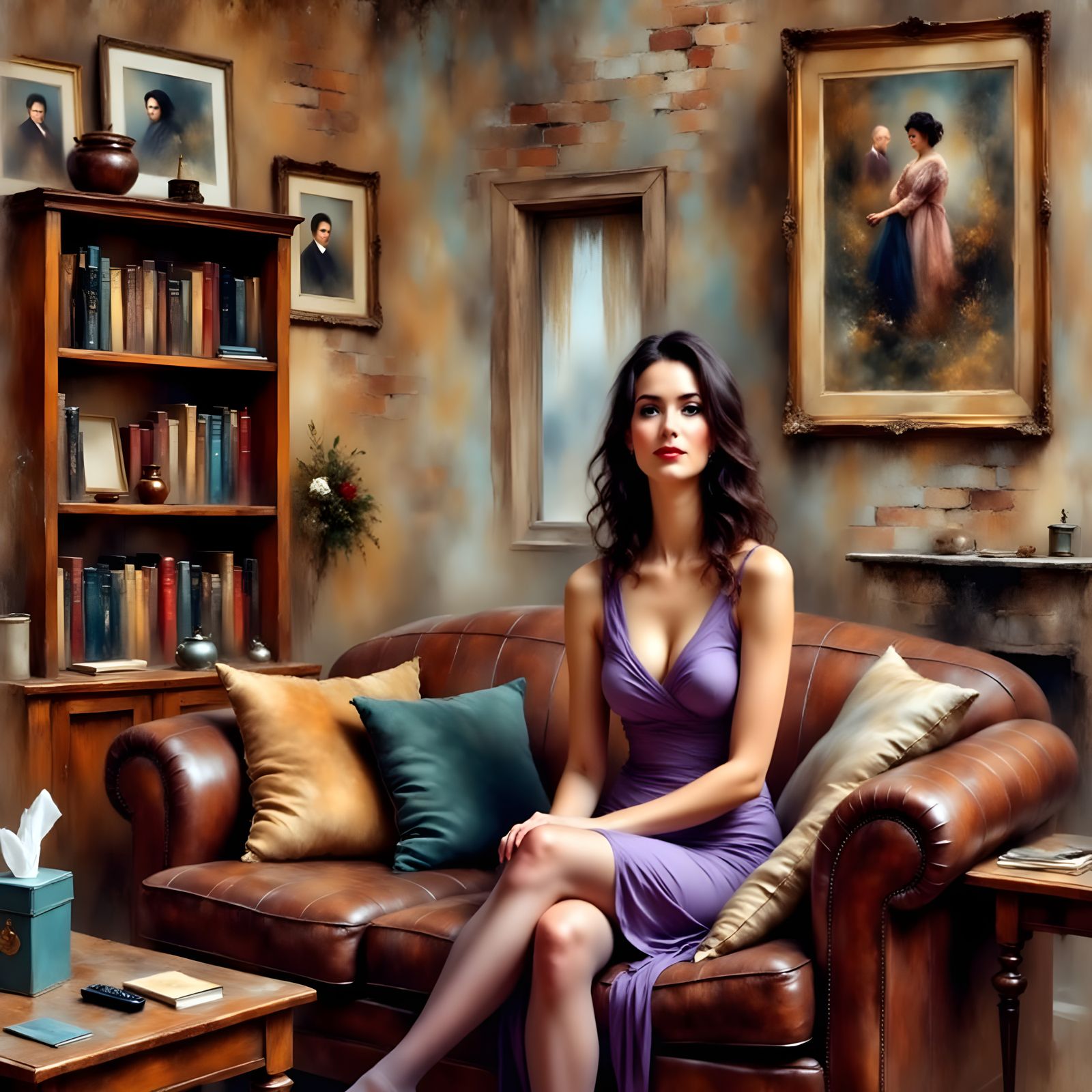 Woman in Purple Dress: Impressionistic Living Room