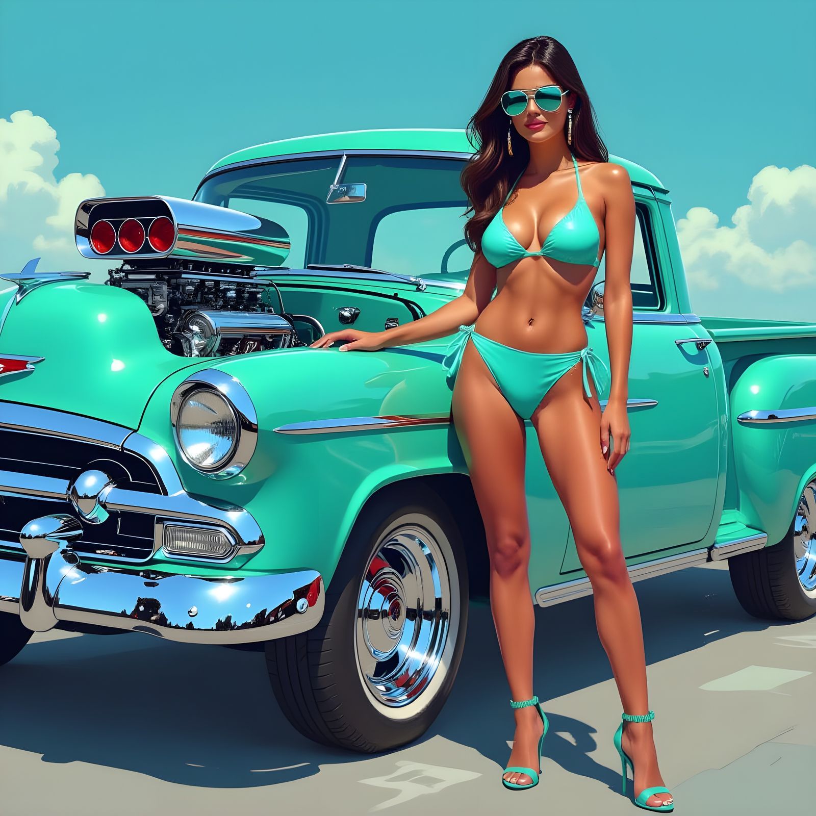 Woman in Turquoise Bikini with Hot Rod Pickup