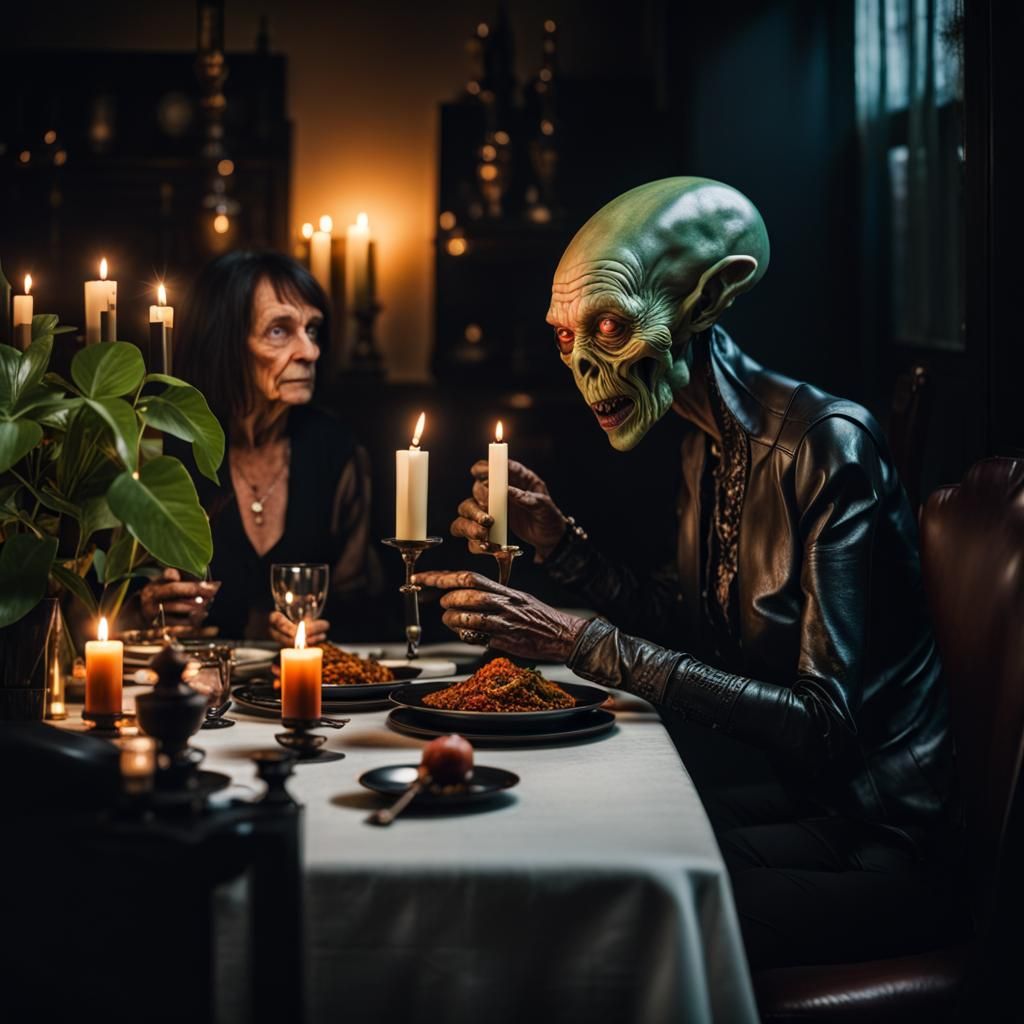 Bizarre Alien Dinner Party in Dark Luxury